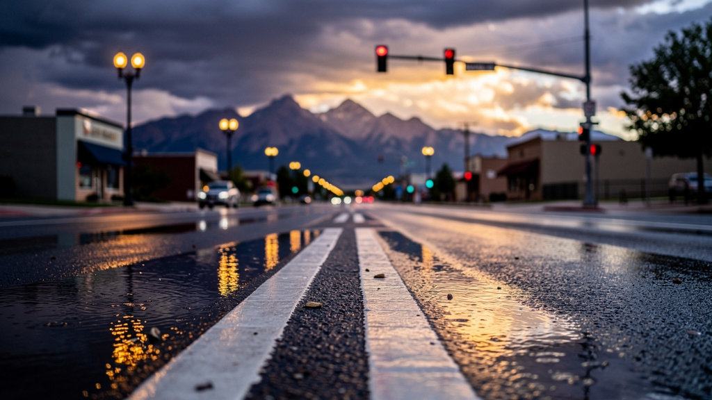 Car accident aftermath at busy Colorado Springs intersection with damaged vehicles and emergency response